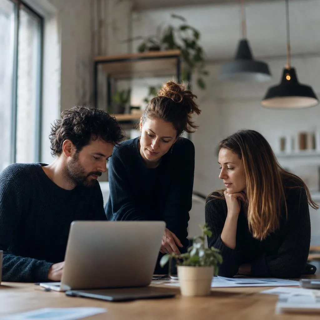 Small startup team reviewing work together at a desk
